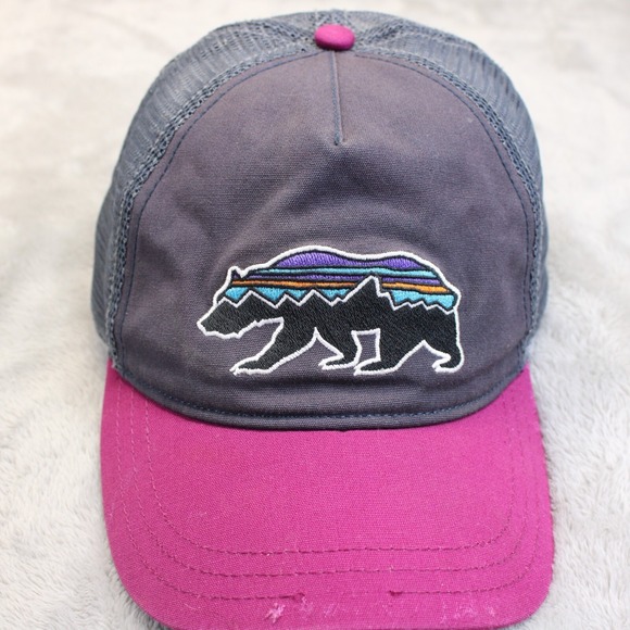 Patagonia Hat Cap Womens Snap Back Gray Pink Bear Logo Trucker Outdoors Hike - Picture 3 of 9